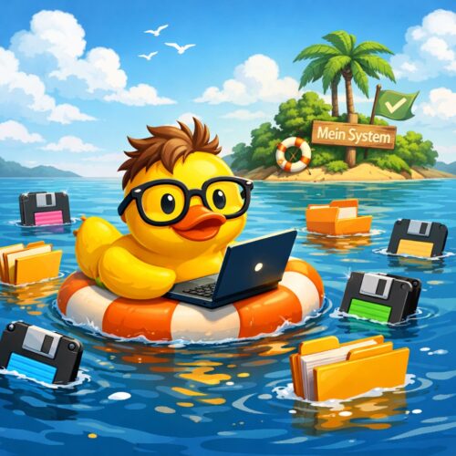 Ein gelbes, Quietschentchen mit schwarzen Brillen sitzt auf einem Schwimmreifen im See, arbeitet an einem Laptop. Um es herum treiben Ordner und Disketten auf dem Wasser. Im Hintergrund ist eine kleine Insel mit Palmen, einem Rettungsring und einem Schild mit der Aufschrift ‚Mein System‘ zu sehen. Das Bild ist cartoonartig, bunt und humorvoll gestaltet.